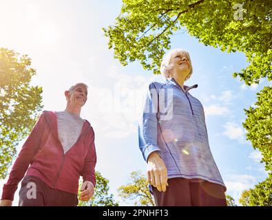 Chaque étape est prise ensemble. Photo sous angle d'un couple senior affectueux en train de se promener dans le parc en été. Banque D'Images