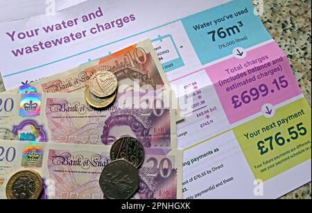 Augmentation des factures, de l'approvisionnement et des frais de traitement des eaux usées privatisés, avec billets et pièces en espèces Banque D'Images