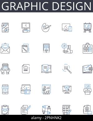 Collection d'icônes de ligne de conception graphique. Développement Web, conception de jeux, gestion des marques, art numérique, médias sociaux, Expérience utilisateur, stratégie publicitaire Illustration de Vecteur