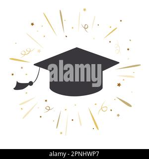 Chapeau d'étudiant de troisième cycle, icône en forme de coolé avec confetti dorés et rayons brillants. Illustration vectorielle isolée. Carte de vœux pour la fête de remise des diplômes Illustration de Vecteur