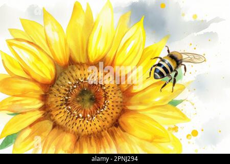 Peignez une scène charmante d'une abeille jaune rassemblant le nectar d'un tournesol dans un style aquarelle Banque D'Images