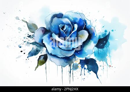 Concevez une peinture aquarelle d'une rose bleue avec un effet surréaliste et abstrait, en utilisant des couleurs vives et des coups de pinceau fluides pour créer un sentiment de mouvement Banque D'Images