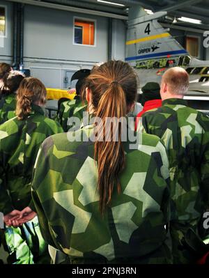 Les jeunes qui prennent conscience de l'Association suédoise des volontaires de l'Armée de l'Air (Suédois: Flygvapenfrivilligas riksförbund, FVRF), communément connue sous le nom de volontaires de l'Armée de l'Air (Suédois: Flygvapenfrivilliga) est une organisation de défense volontaire suédoise. Sur la photo : Voici une photo des écoles de vol des forces armées suédoises à Halmstad, en Suède. Banque D'Images