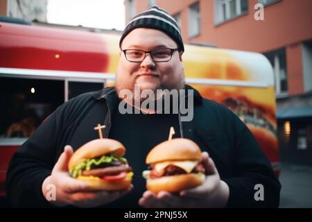 Fanny souriant homme tient plusieurs hamburgers dans ses mains contre le fond d'un camion alimentaire dans la soirée Banque D'Images