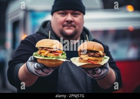 Un homme souriant tient plusieurs hamburgers dans les mains contre le fond d'un camion alimentaire dans la soirée Banque D'Images