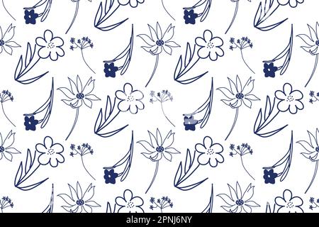 Motif sans couture. Motif floral dessiné sur une tablette. Fleurs vectorielles de formes simples en bleu sur fond blanc. Illustration de Vecteur