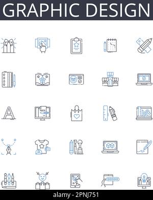Collection d'icônes de ligne de conception graphique. Développement Web, conception de jeux, gestion des marques, art numérique, médias sociaux, Expérience utilisateur, stratégie publicitaire Illustration de Vecteur