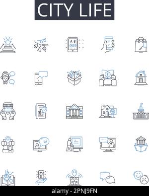 Collection d'icônes City Life Line. Vie rurale, grande ville, vie urbaine, vie de village, vie de Metropolis, Suburban Lifestyle, Hustle Hustle Hustle Vector et Illustration de Vecteur