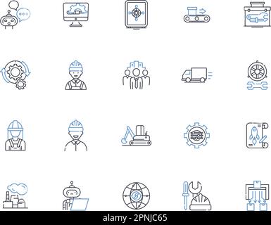 Collection d'icônes de ligne de fabrication. Production, assemblage, production de masse, fabrication, automatisation, Chaîne d'approvisionnement, vecteur d'efficacité et linéaire Illustration de Vecteur