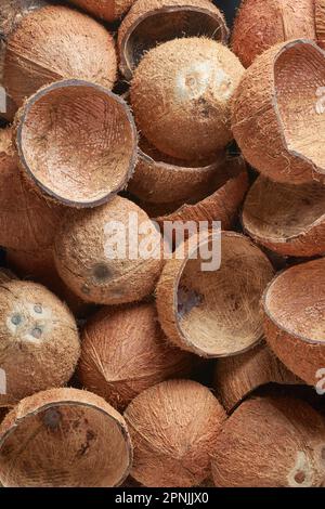 la coquille de fruits de coco, couche extérieure de noix de coco composée de matière fibreuse forte et durable, utilisée comme source de combustible, crée l'artisanat Banque D'Images