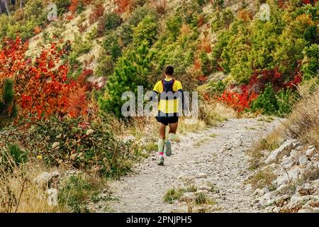vue arrière de coureur mâle avec dos camelback et chaussettes de compression courir le long de l'automne coloré sentier de montagne Banque D'Images