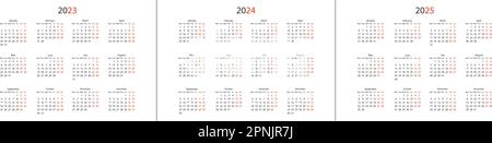 Calendrier 2023, 2024 et 2025, début de la semaine le lundi. Modèle de planificateur de conception d'entreprise Vector. Illustration de Vecteur