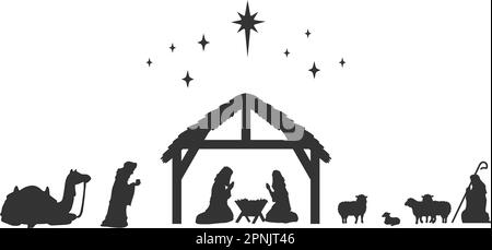 Histoire biblique de Noël. Bébé Jésus dans la mangeoire avec Marie et Joseph. La Sainte famille en stable. Illustration du vecteur de silhouette Illustration de Vecteur