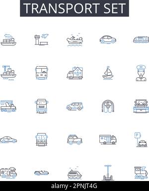 Collection d'icônes de ligne de consigne de transport. Kit santé, sac de voyage, pack divertissement, papeterie de bureau, ustensiles de cuisine, Matériel de fitness, fournitures artistiques Illustration de Vecteur