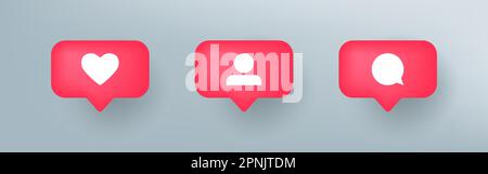 Icônes de notification dans la bulle vocale. Bouton 3D : aimer, commenter et suivre chanter. Bouton vecteur isolé des médias sociaux, illustration moderne Illustration de Vecteur