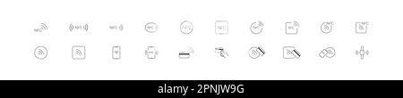 Icônes de jeu de paiement NFC. Icône de la technologie NFC. Collection de symboles de paiement sans fil, carte de crédit appuyez sur payer. Illustration de ligne isolée plane vectorielle Illustration de Vecteur