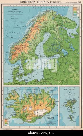 SCANDINAVIE PHYSIQUE.Islande Norvège Suède Danemark Finlande.BARTHOLOMEW 1952 carte Banque D'Images