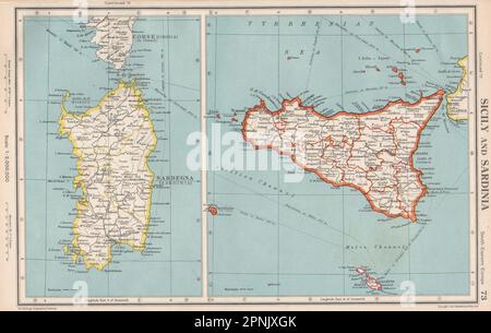 ITALIE. Sicile et Sardaigne Sardaigne. Îles éoliennes. BARTHOLOMEW 1952 vieille carte Banque D'Images