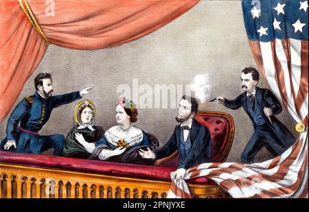 Assassinat d'Abraham Lincoln. L'illustration montre John Wilkes Booth penché en avant pour tirer sur le Président Abraham Lincoln alors qu'il regarde « notre cousin américain » au Ford's Theatre à Washington, D.C., le 14 avril 1865. Les autres personnes dans l'illustration sont le major Henry Riggs Rathbone, Clara Harris Rathbone et Mary Ann Todd Lincoln. Lithographie par Currier et Ives, 1865 Banque D'Images