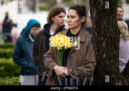 Varsovie, Pologne, 19/04/2023, participant à la cérémonie vu tenir des jonquilles comme symbole du soulèvement du ghetto pendant la cérémonie. La Pologne a marqué le 80th anniversaire du soulèvement du ghetto de Varsovie - une violente révolte qui s'est produite de 19 avril à 16 mai 1943, pendant la Seconde Guerre mondiale Les habitants du ghetto juif de Varsovie, occupé par les nazis, ont organisé la révolte armée pour empêcher les déportations vers les camps d'extermination dirigés par les nazis. Le soulèvement est devenu un symbole éternel de la résistance des juifs polonais contre l'Holocauste. Entre 1942 et 1943 Allemands ont transporté plus de 300 000 Juifs de la Ghett de Varsovie Banque D'Images