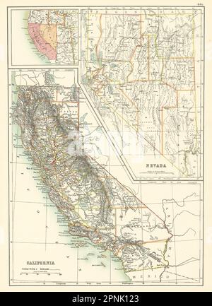 Cartes de l'État de Californie et du Nevada montrant les comtés. BARTHOLOMÉE 1898 ans Banque D'Images