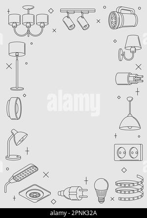 Cadre avec éclairages et lampes électriques. Équipement électrique. Conception industrielle ou commerciale. Illustration de Vecteur