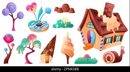 Fantaisie des éléments de terre de bonbons ensemble avec des maisons douces et des arbres dessin animé isolé illustration vectorielle Illustration de Vecteur