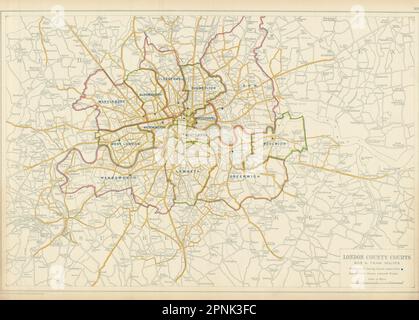 TERRAINS DU COMTÉ DE LONDRES + BUS ET TRAMWAYS. Carte vintage. BACON 1913 vieux Banque D'Images