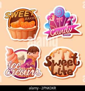 Ensemble de dessins animés d'emblèmes pour la boutique de bonbons avec des sucettes de crème glacée de boulangerie douce et des biscuits illustration vectorielle isolée Illustration de Vecteur