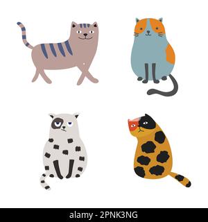 Ensemble de chats mignon et drôle de doodle vecteur. Collection de dessins animés de chats ou de chatons avec une couleur plate dans différentes poses. Illustration de Vecteur
