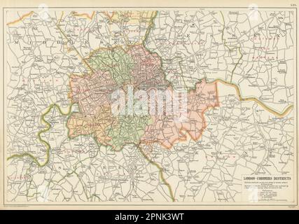 QUARTIERS DES CORONERS DE LONDRES. Carte vintage. BACON 1913 ancien plan ancien Banque D'Images