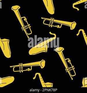 Motif sans couture avec illustration de l'instrument de musique trompette et saxophone en couleur jaune de style de coupe sur fond noir Illustration de Vecteur