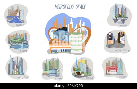 Ensemble d'infographies de la ville de Megapolis avec symboles d'architecture urbaine illustration vectorielle plate Illustration de Vecteur