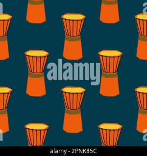 Motif sans couture avec illustration du tambour d'instrument de musique dans un style de coupe de couleur orange sur fond bleu foncé Illustration de Vecteur