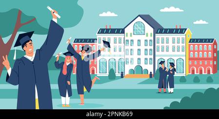 Concept étudiant plat avec scène de remise des diplômes de jeunes hommes avec campus universitaire sur l'illustration vectorielle de fond Illustration de Vecteur