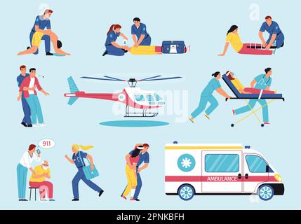 Icônes plates de premiers soins avec ambulanciers paramédicaux aidant les personnes dans les situations d'urgence illustration vectorielle isolée Illustration de Vecteur