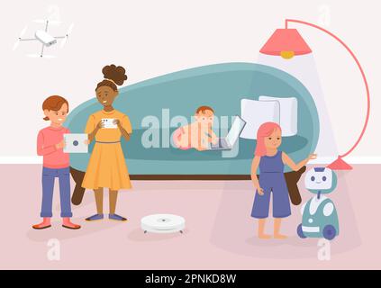 Générations personnes composition plate avec intérieur salon décor bébé et adolescents avec gadgets et illustration de vecteur de robot Illustration de Vecteur