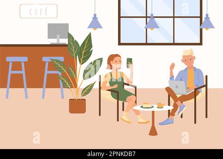 Générations personnes composition plate avec décor de café intérieur et jeune couple assis à la table avec gadgets illustration vectorielle Illustration de Vecteur