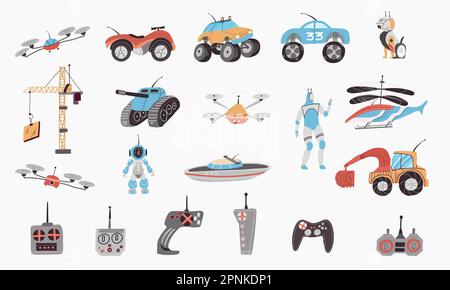 Jeu de jouets de contrôle avec des symboles de transport et de drones illustration vectorielle isolée plate Illustration de Vecteur