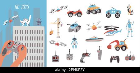 Kit de composition de jouets de contrôle avec des symboles de transport et de drones illustration vectorielle isolée plate Illustration de Vecteur