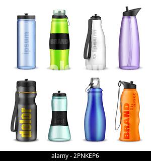 Bouteilles d'eau de sport pour les voyages d'été, le vélo de fitness et la course à pied ensemble réaliste illustration vectorielle isolée Illustration de Vecteur