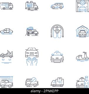 Collection d'icônes de la ligne de taxi. Cabine, chauffeur, Tarif, compteur, Station de taxi, Conduite, transport vectoriel et illustration linéaire. Contour de l'application passager, Hail et taxi Illustration de Vecteur