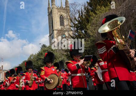 Windsor, Royaume-Uni. 8th avril 2023. La bande des Coldstream Guards retourne à la caserne Victoria du château de Windsor après la cérémonie de la relève de la garde. La cérémonie de la relève de la garde a généralement lieu à 11 h 00am les mardi, jeudi et samedi. Crédit : Mark Kerrison/Alamy Live News Banque D'Images