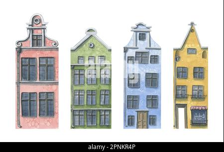 Un ensemble de vieilles maisons européennes. Illustration aquarelle. Jolies maisons colorées. Pour la décoration, la conception et la composition de diverses compositions de Banque D'Images