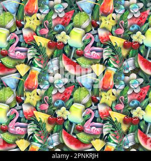 Fruits tropicaux, baies, feuilles de palmier, cocktails de plage, flamants roses. Motif aquarelle et sans couture de la collection BEACH BAR. Pour textiles, tissus Banque D'Images