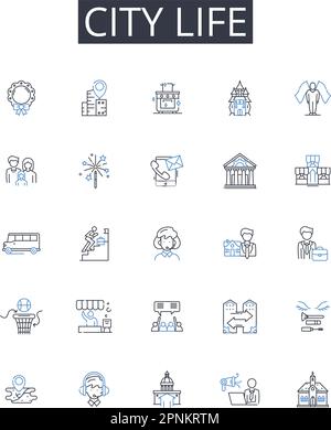 Collection d'icônes City Life Line. Vie rurale, grande ville, vie urbaine, vie de village, vie de Metropolis, Suburban Lifestyle, Hustle Hustle Hustle Vector et Illustration de Vecteur