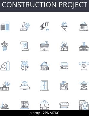 Collection d'icônes de ligne de projet de construction. Leadership, délégation, organisation, stratégique, communication, Initiative, vecteur d'empathie et linéaire Illustration de Vecteur