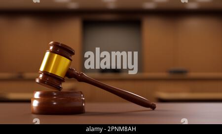 Gros plan d'un gavel dans une salle d'audience, rendu 3D Banque D'Images