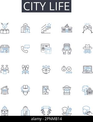 Collection d'icônes City Life Line. Vie rurale, grande ville, vie urbaine, vie de village, vie de Metropolis, Suburban Lifestyle, Hustle Hustle Hustle Vector et Illustration de Vecteur