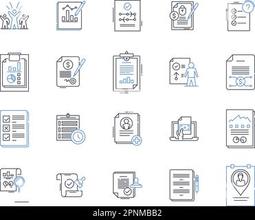 Collection d'icônes de livres blancs. Recherche, analyse, tendances, statistiques, analyses, Résultats, vecteur de solutions et illustration linéaire. Stratégies Illustration de Vecteur